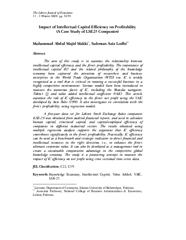 (PDF) Impact of Intellectual Capital Efficiency on Profitability (A ...