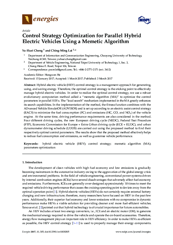 (PDF) Control Strategy Optimization for Parallel Hybrid Electric ...