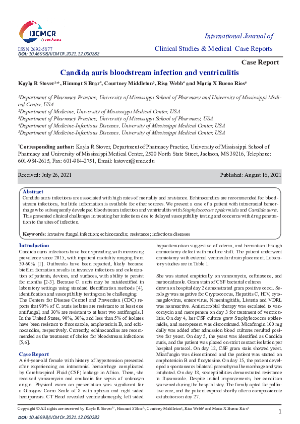 (PDF) Candida Auris Bloodstream Infection and Ventriculitis