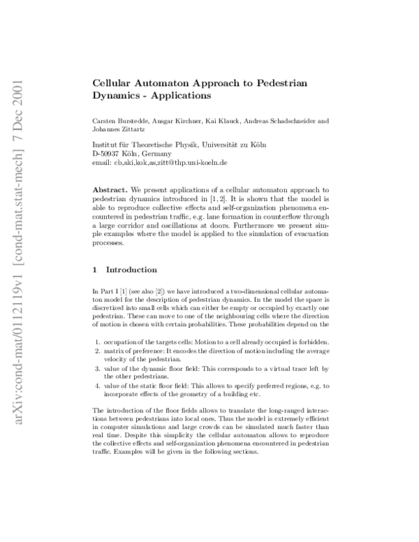 (PDF) Cellular Automaton Approach to Pedestrian Dynamics - Applications