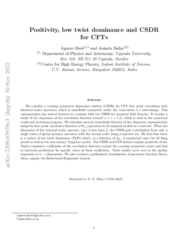 (PDF) Positivity, low twist dominance and CSDR for CFTs