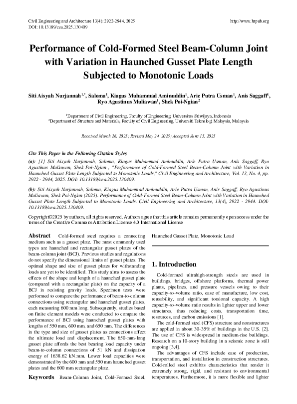 (PDF) Performance of Cold-Formed Steel Beam-Column Joint with Variation ...