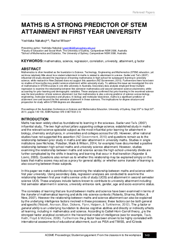 (PDF) Maths is a strong predictor of stem attainment in first year ...