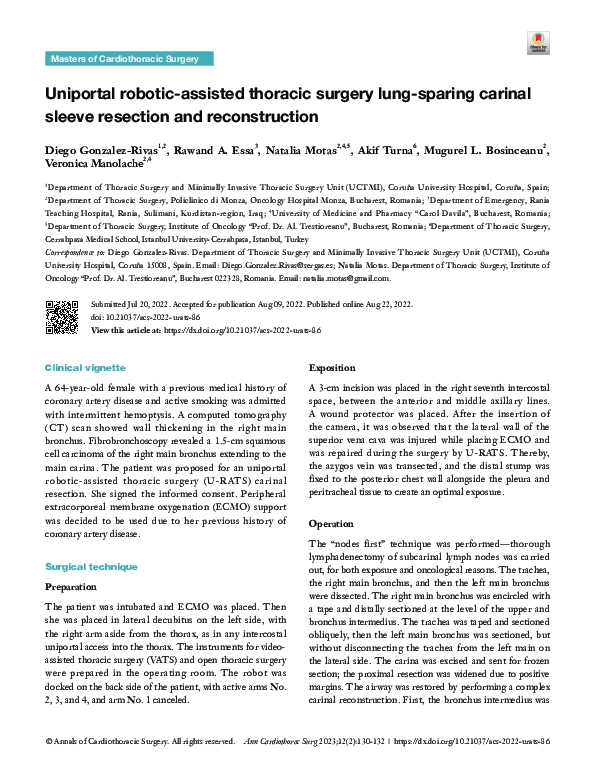(PDF) Uniportal robotic-assisted thoracic surgery lung-sparing carinal ...