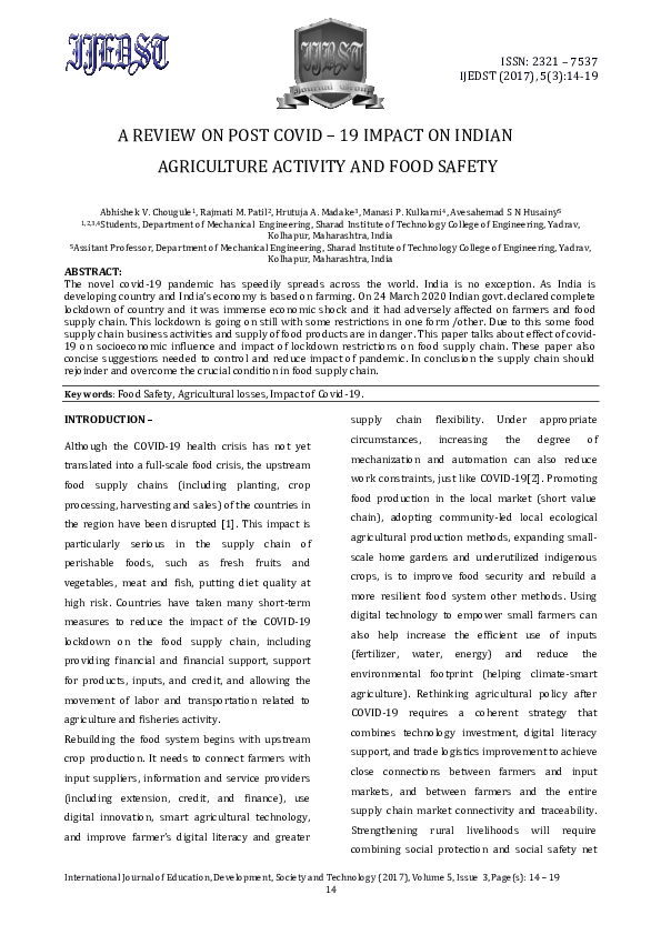 (PDF) A REVIEW ON POST COVID -19 IMPACT ON INDIAN AGRICULTURE ACTIVITY ...
