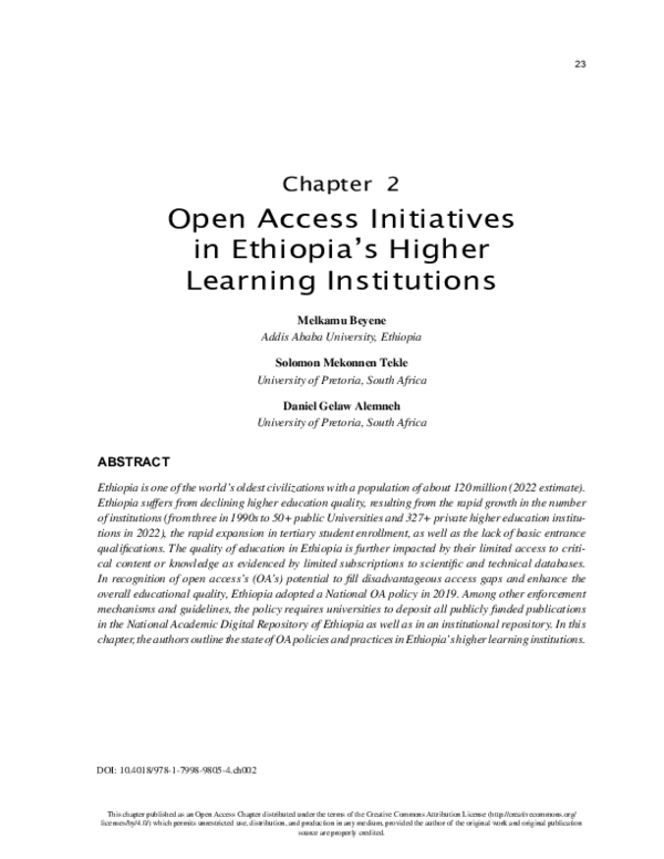 (PDF) Open Access Initiatives in Ethiopia's Higher Learning Institutions