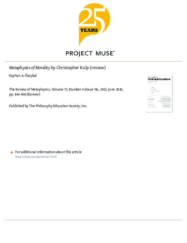(PDF) Metaphysics of Morality by Christopher Kulp (review)