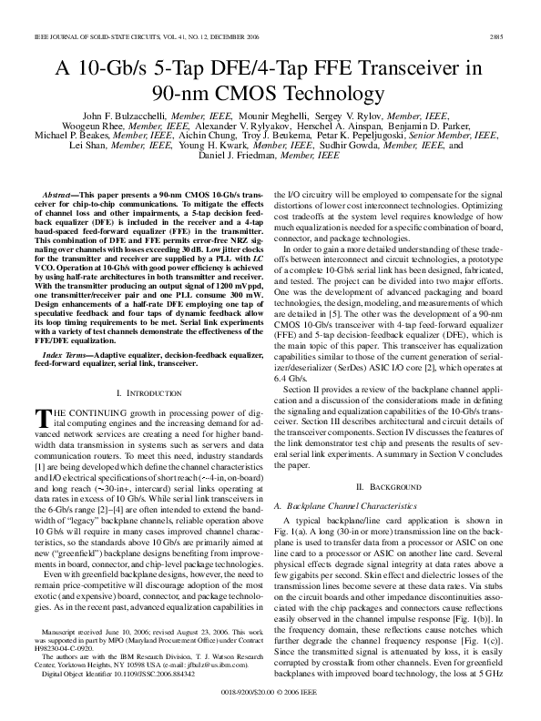 (PDF) A 10-Gb/s 5-Tap DFE/4-Tap FFE Transceiver in 90-nm CMOS Technology