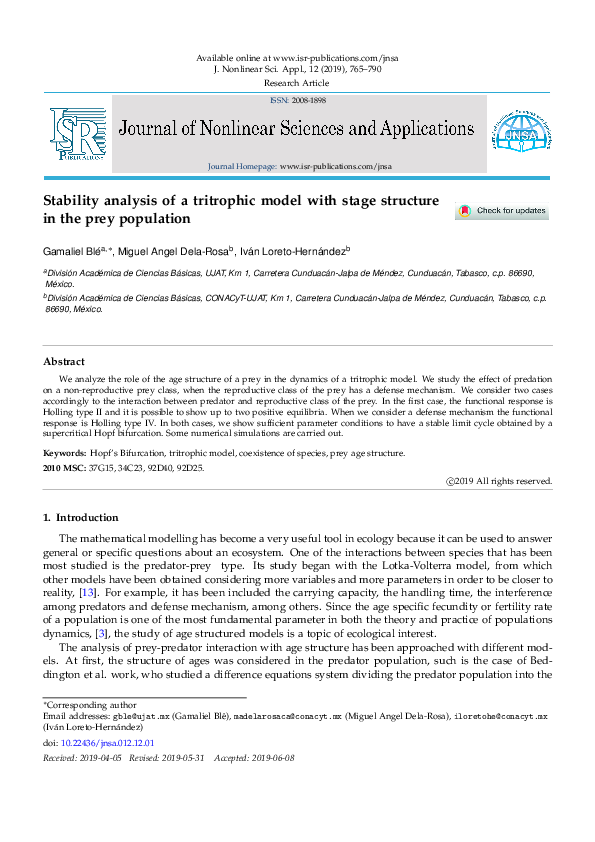 (PDF) Stability analysis of a tritrophic model with stage structure in ...
