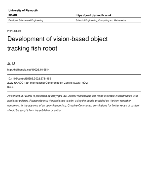 (PDF) Development of vision-based object tracking fish robot