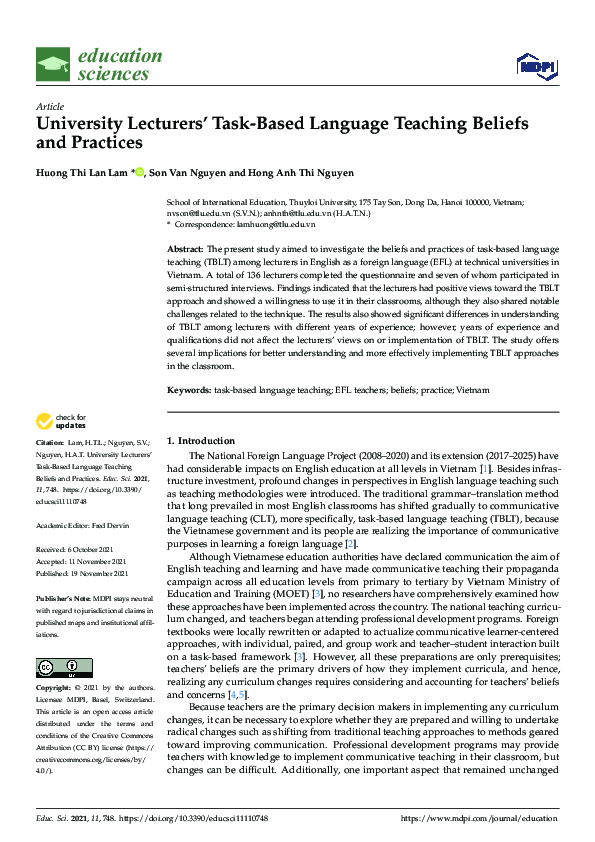 (PDF) University Lecturers’ Task-Based Language Teaching Beliefs and ...