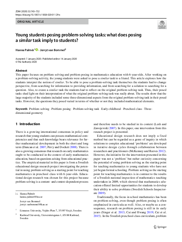 (PDF) Young students posing problem-solving tasks: what does posing a ...