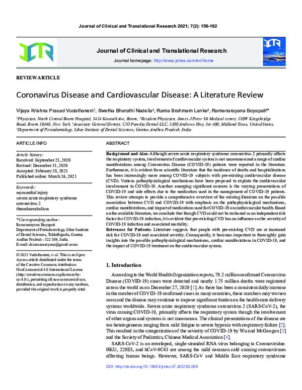 (PDF) Coronavirus Disease and Cardiovascular Disease: A Literature Review
