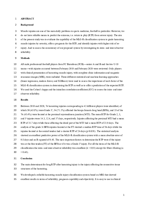 (PDF) Return to Play Prediction Accuracy of the MLG-R Classification ...