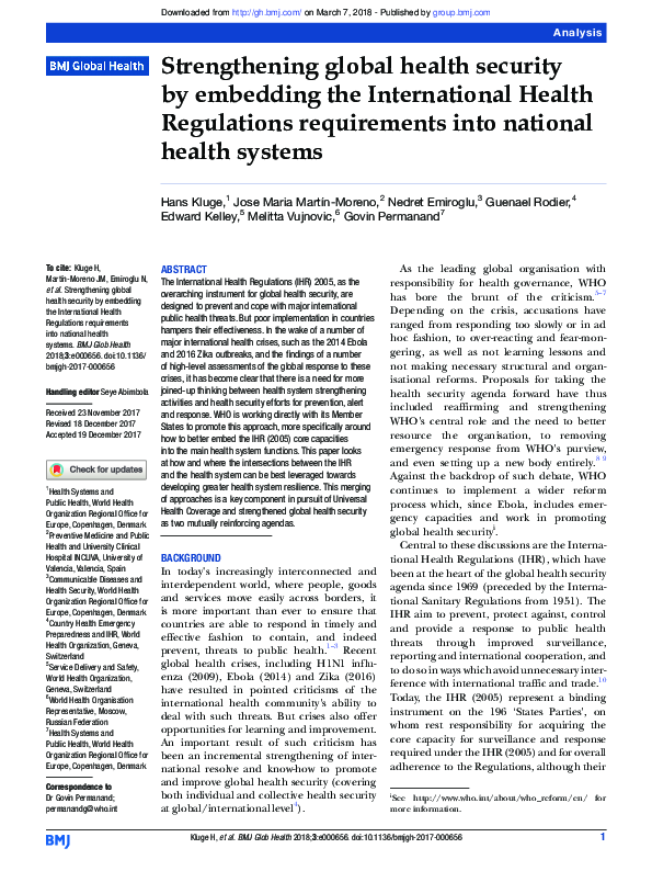 (PDF) Strengthening global health security by embedding the ...