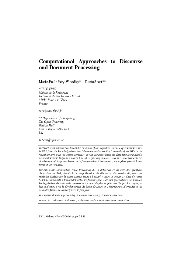 (PDF) Computational Approaches to Discourse and Document Processing