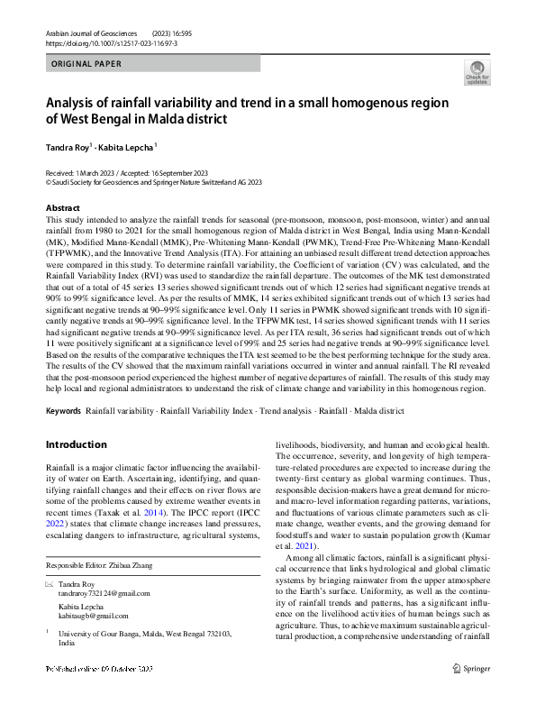 (PDF) Analysis of rainfall variability and trend in a small homogenous ...