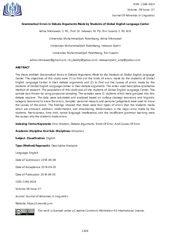 (PDF) The Grammatical Errors in Debate Arguments Made by Students of ...