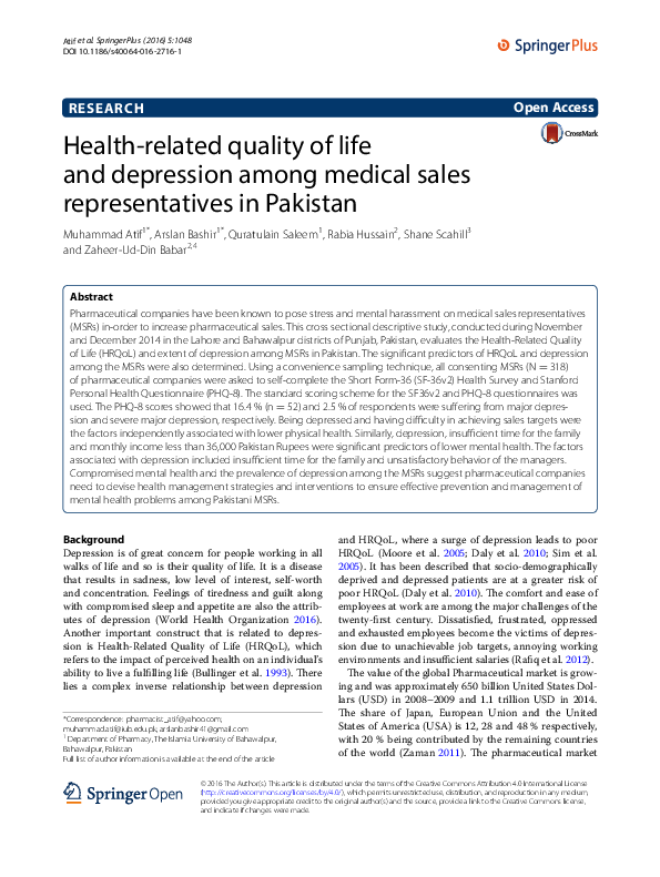 (PDF) Health-related quality of life and depression among medical sales ...