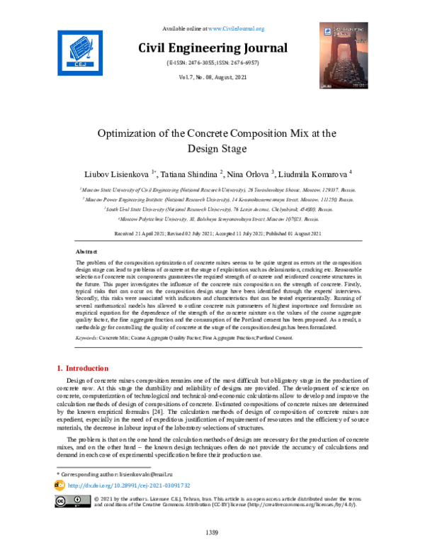 (PDF) Optimization of the Concrete Composition Mix at the Design Stage
