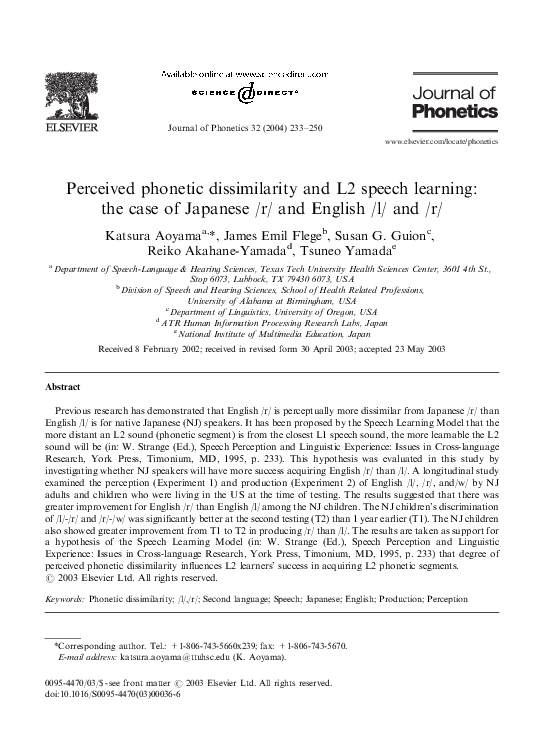 (PDF) Perceived phonetic dissimilarity and L2 speech learning: the case ...