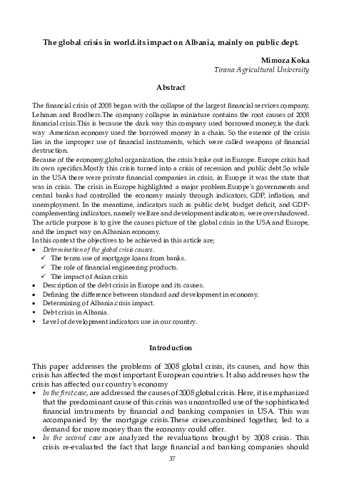(PDF) The global crisis in world.its impact on Albania, mainly on ...