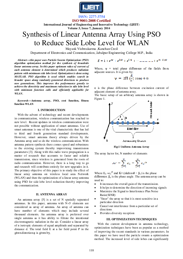 (PDF) Synthesis of Linear Antenna Array Using PSO to Reduce Side Lobe ...
