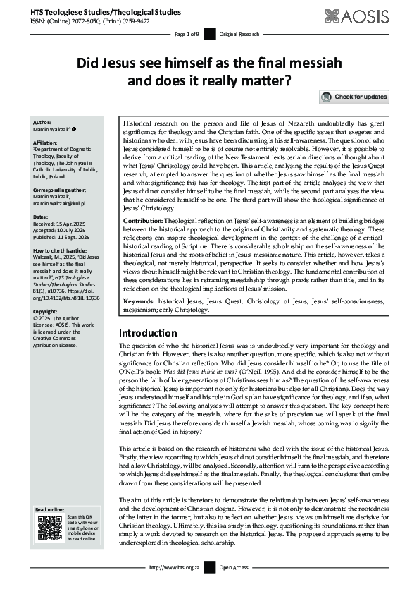 (PDF) Did Jesus see himself as the final messiah and does it really matter?