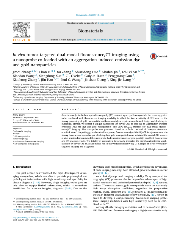 (PDF) In vivo tumor-targeted dual-modal fluorescence/CT imaging using a ...