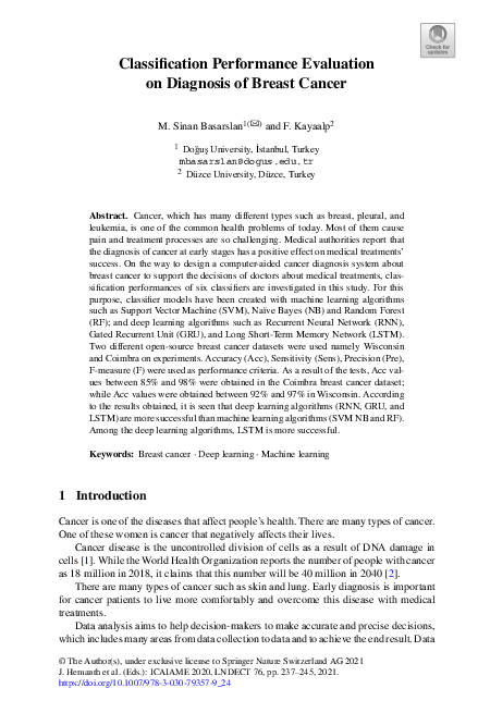 (PDF) Classification Performance Evaluation on Diagnosis of Breast Cancer