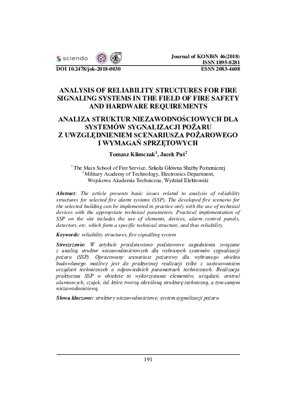 (PDF) Analysis of Reliability Structures for Fire Signaling Systems in ...