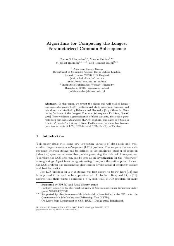 (PDF) Algorithms for Computing the Longest Parameterized Common Subsequence