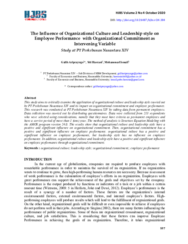 (PDF) The Influence of Organizational Culture and Leadership Style on ...