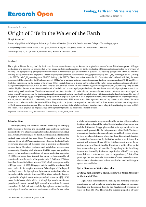 Pdf Origin Of Life In The Water Of The Earth