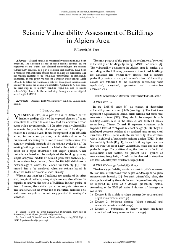 (PDF) Seismic Vulnerability Assessment of Buildings in Algiers Area