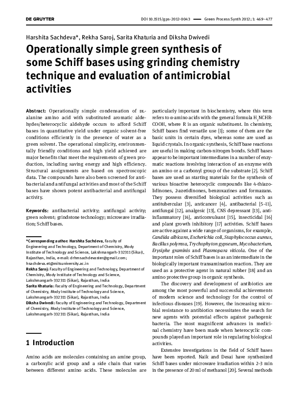 (PDF) Operationally simple green synthesis of some Schiff bases using ...