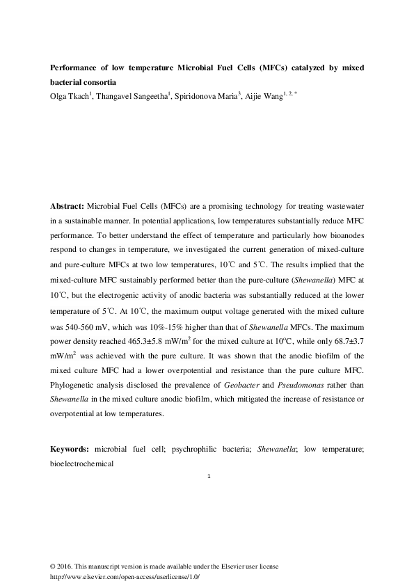 (PDF) Performance of low temperature Microbial Fuel Cells (MFCs ...