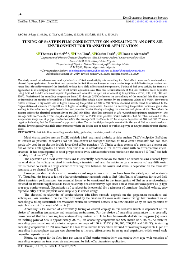 (PDF) Tuning of SnS Thin Film Conductivity on Annealing in an Open Air ...
