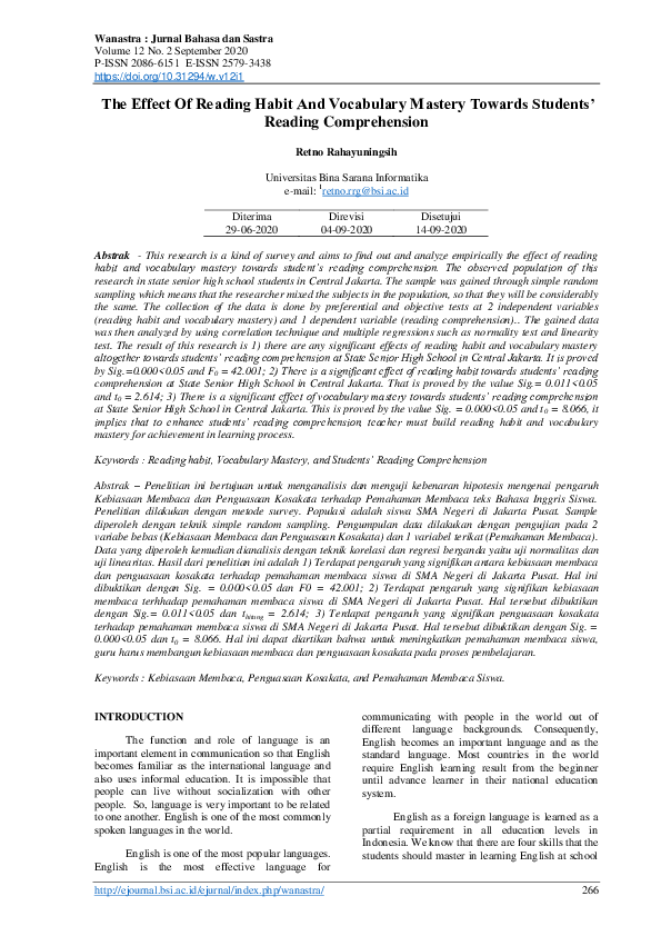 (PDF) THE EFFECT OF READING HABIT AND VOCABULARY MASTERY TOWARDS ...