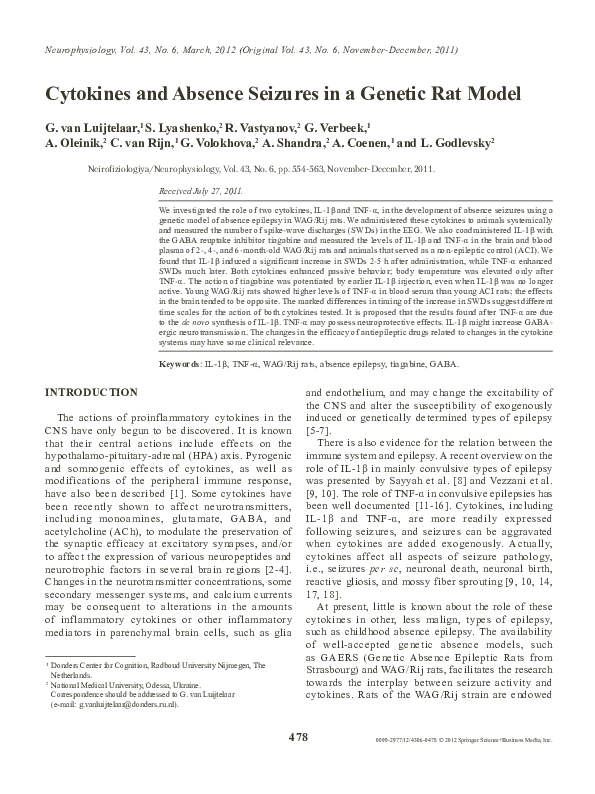 (PDF) Cytokines and Absence Seizures in a Genetic Rat Model