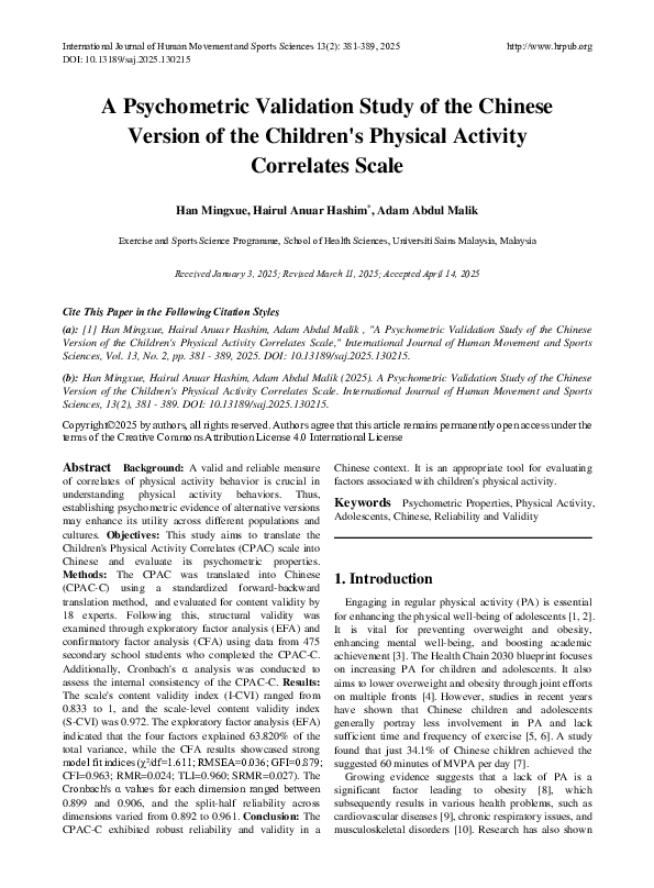 (PDF) A Psychometric Validation Study of the Chinese Version of the ...