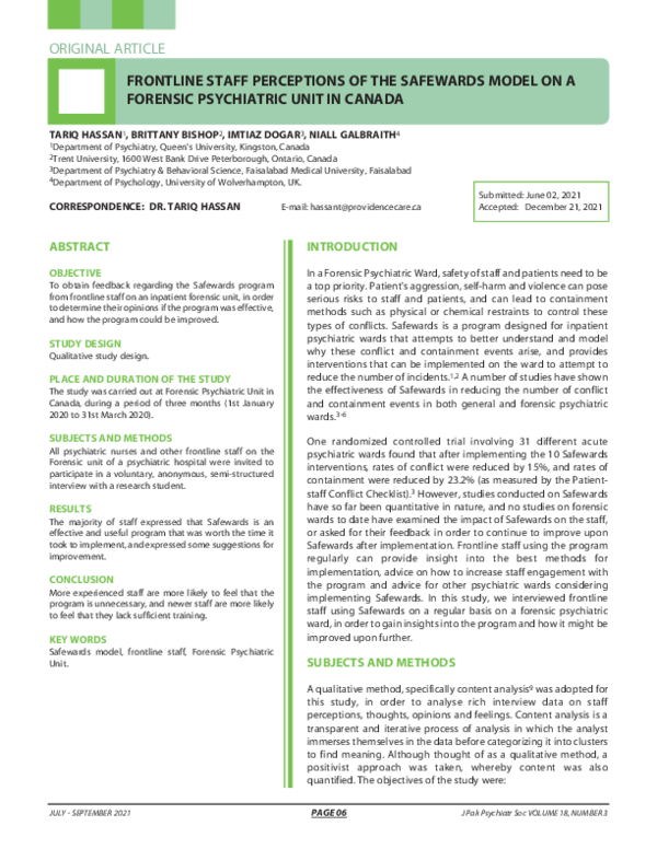 (PDF) Frontline Staff Perceptions of the Safewards Model on a Forensic ...