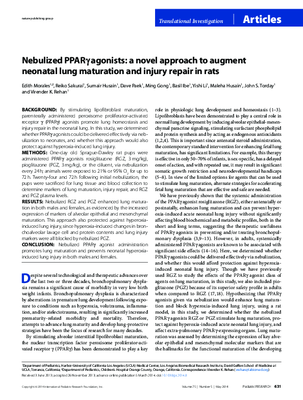 (PDF) Nebulized PPARγ agonists: a novel approach to augment neonatal ...