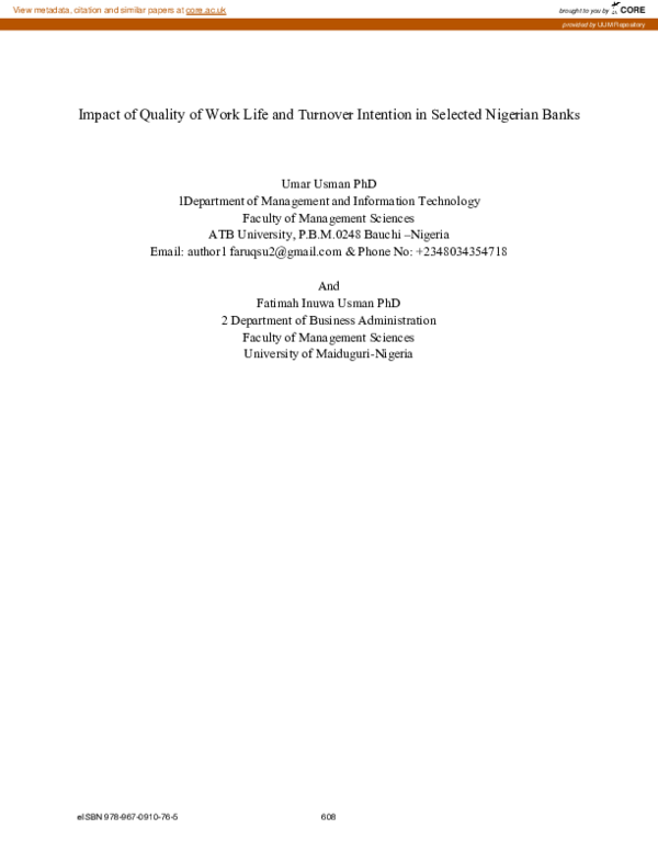(PDF) Impact of Quality of Work Life and Turnover Intention in Selected ...