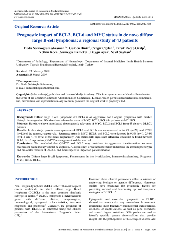 (PDF) Prognostic impact of BCL2, BCL6 and MYC status in de novo diffuse ...