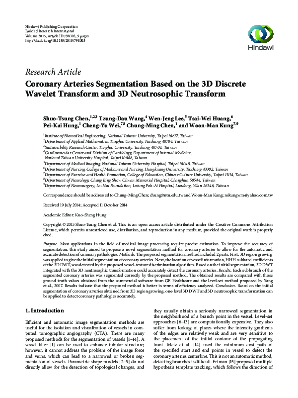 (PDF) Coronary Arteries Segmentation Based on the 3D Discrete Wavelet ...