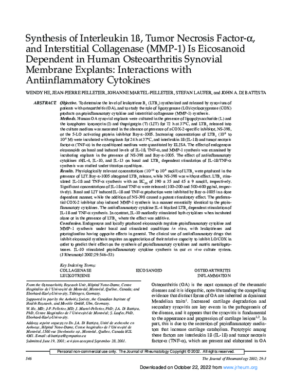 (PDF) Synthesis of interleukin 1beta, tumor necrosis factor-alpha, and ...