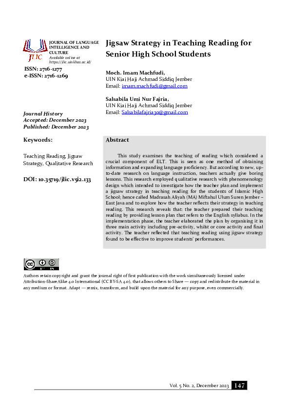 (PDF) Jigsaw Strategy in Teaching Reading for Senior High School Students