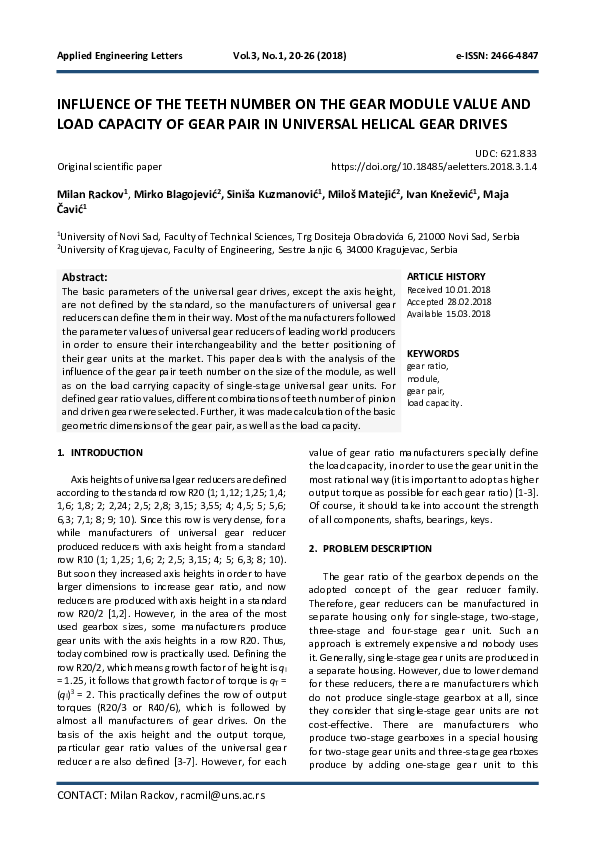 (PDF) Influence of the Teeth Number on the Gear Module Value and Load ...