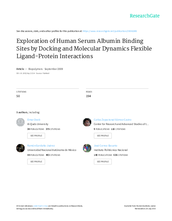 (PDF) Exploration of human serum albumin binding sites by docking and ...